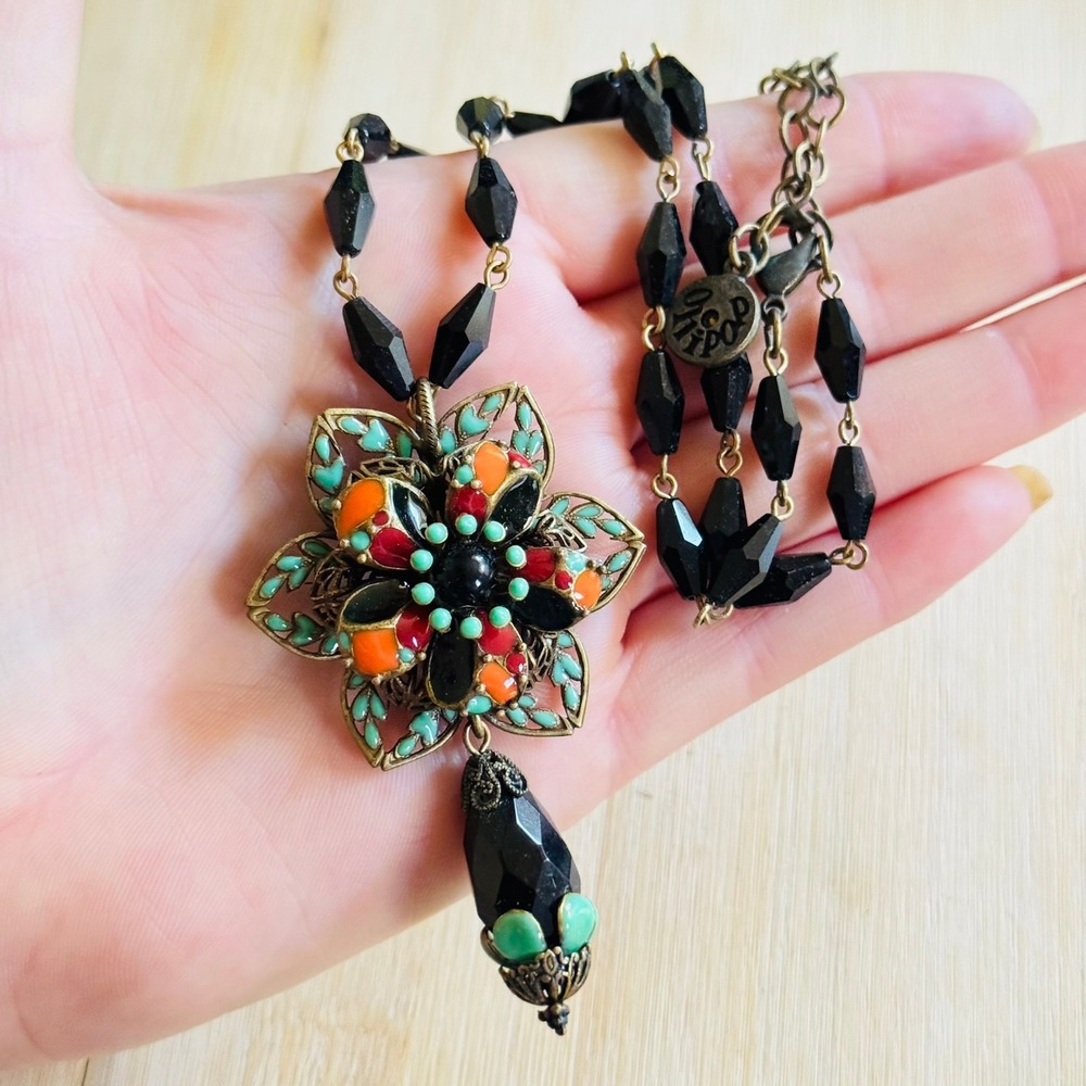OLLIPOP USA Flower Necklace Jet Glass Beaded Statement Victorian Goth Antiqued